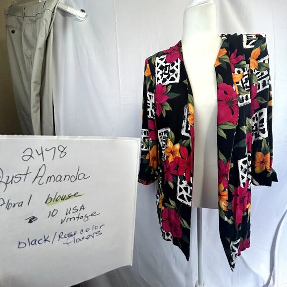 Just Amanda  Vintage size 10 over shirt open 3/4 sleeves USA Rayon black print - Picture 11 of 11